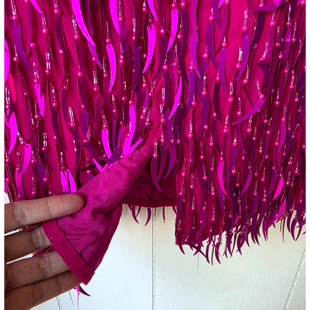 AJ Bari Silk Hot Pink Cattail Sequin Beaded Fringe Vintage Trophy Sheath Dress 6 - Picture 10 of 15